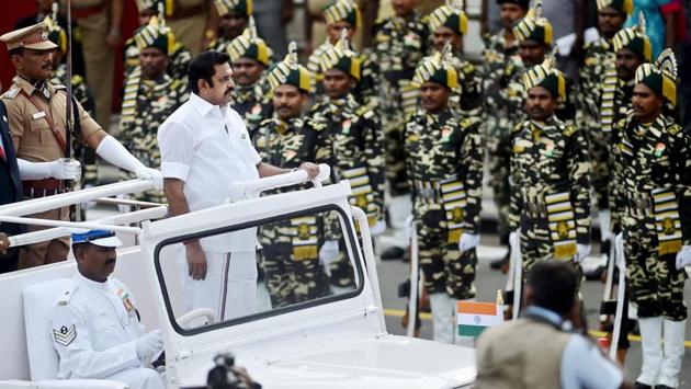 Tamil Nadu Chief Minister Edappadi K Palaniswami inspects the guard of honour during the 71st Independence Day function at Fort St George in Chennai. (PTI) Tamil Nadu Chief Minister Edappadi K Palaniswami inspects the guard of honour during the 71st Independence Day function at Fort St George in Chennai. (PTI)