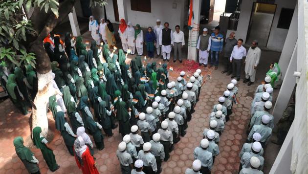 Independence Day celebrations at Deeniyat Madarsa in Bhopal on Tuesday. (Mujeeb Faruqui/HT Photo) Independence Day celebrations at Deeniyat Madarsa in Bhopal on Tuesday. (Mujeeb Faruqui/HT Photo)