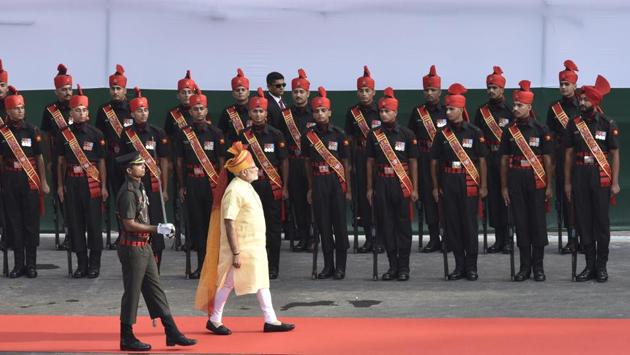 The Prime Minister inspected a guard of honour following his arrival at Red Fort, as part of the 71st Independence Day celebrations in New Delhi. Modi greeted the nation with a tweet early in the morning and paid homage to Mahatma Gandhi with a visit to Rajghat before arriving at the celebration venue. (Raj K Raj / HT Photo)