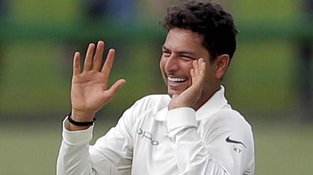 India's Kuldeep Yadav celebrates the dismissal of Sri Lanka's Dilruwan Perera during the second day's play of their third Test. (AP) India's Kuldeep Yadav celebrates the dismissal of Sri Lanka's Dilruwan Perera during the second day's play of their third Test. (AP)