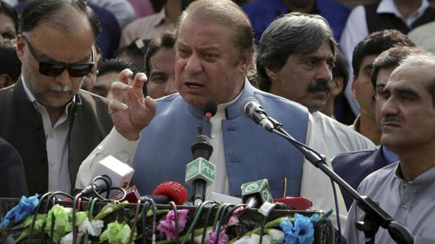 Deposed Pakistani Prime Minister Nawaz Sharif addresses a crowd during his visit to a mausoleum of Pakistani poet Mohammad Iqbal on the occasion of Pakistan Independence Day in Lahore, Pakistan, Monday. (AP Photo) Deposed Pakistani Prime Minister Nawaz Sharif addresses a crowd during his visit to a mausoleum of Pakistani poet Mohammad Iqbal on the occasion of Pakistan Independence Day in Lahore, Pakistan, Monday. (AP Photo)