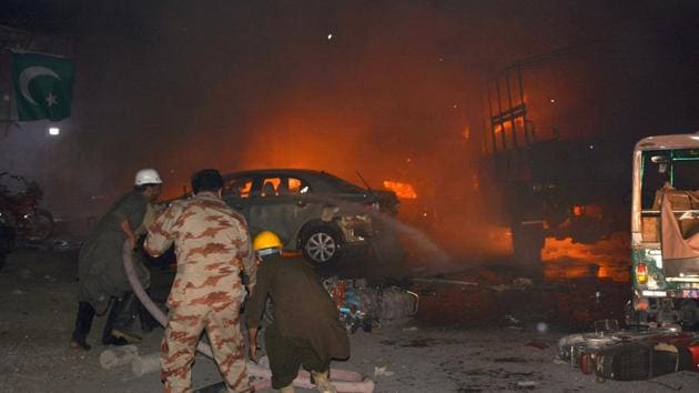 Pakistani firefighters trying to extinguish burning vehicles after a blast in Quetta on August 12. (AFP File Photo) Pakistani firefighters trying to extinguish burning vehicles after a blast in Quetta on August 12. (AFP File Photo)