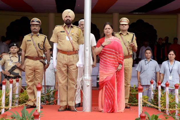 Rajasthan chief minister Vasundhara Raje after unfurling the Tri-colour on the occasion of the 71st Independence Day, at Sawai Mansingh Stadium in Jaipur on Tuesday. (PTI) Rajasthan chief minister Vasundhara Raje after unfurling the Tri-colour on the occasion of the 71st Independence Day, at Sawai Mansingh Stadium in Jaipur on Tuesday. (PTI)