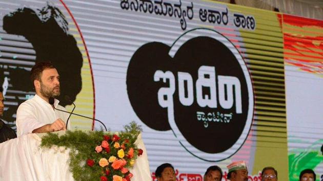 Rahul Gandhi speaking at the inauguration of Indira Canteen in Bengaluru on August 16. (Twitter/Office of RG) Rahul Gandhi speaking at the inauguration of Indira Canteen in Bengaluru on August 16. (Twitter/Office of RG)