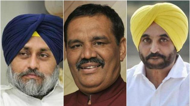 from left: SAD president Sukhbir Singh Badal, Punjab BJP chief Vijay Sampla, and AAP Punjab chief Bhagwant Mann (HT File Photos) from left: SAD president Sukhbir Singh Badal, Punjab BJP chief Vijay Sampla, and AAP Punjab chief Bhagwant Mann (HT File Photos)