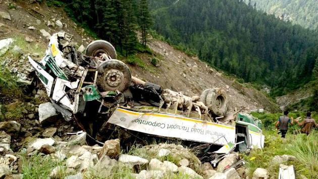 The driver was standing near the bus along with the conductor when the parked bus started to move and fell into the gorge near Khanag on Aut-Luhri road.(Aqil Khan/HT)