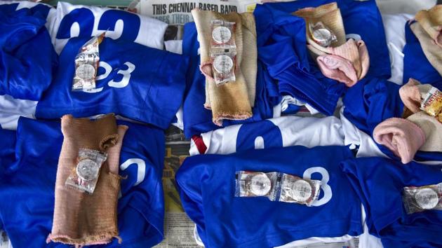 Jerseys and kit equipment being given to players before a match during the Independence Day Cup.  (Arijit Sen/HT Photo) 