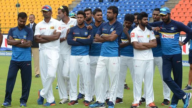 Sri Lankan cricketers during the presentation ceremony after India's victory on the last day of the third and final Test at the Pallekele International Cricket Stadium on Monday. (AFP) Sri Lankan cricketers during the presentation ceremony after India's victory on the last day of the third and final Test at the Pallekele International Cricket Stadium on Monday. (AFP)