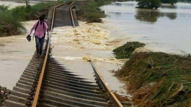 A damaged railway line in flood-hit Katihar district on Tuesday.(PTI Photo) A damaged railway line in flood-hit Katihar district on Tuesday.(PTI Photo)