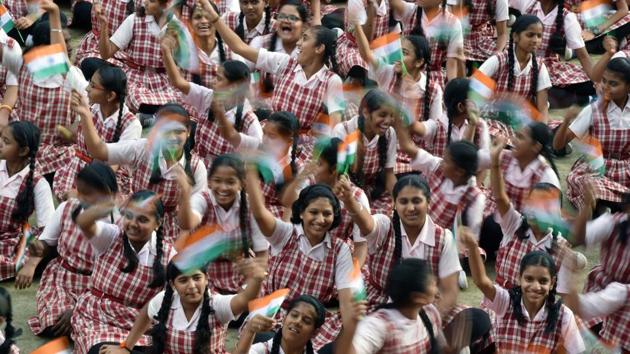 Students of Renuka Swarup school were in high spirits at the Independence day celebrations on Tuesday. (Pratham Gokhale/HT PHOTO) 