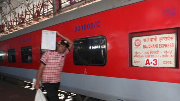 An IRCTC staffer before boarding the Rajdhani Express at Bombay Central Station. (HT FILE PHOTO) An IRCTC staffer before boarding the Rajdhani Express at Bombay Central Station. (HT FILE PHOTO)