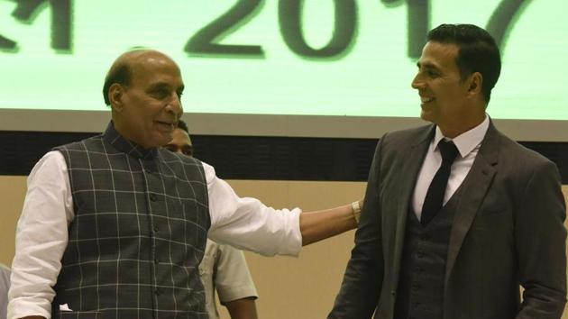 Union Home Minister Rajnath Singh with actor Akshay Kumar during the launch of web portal Bharat Ke Veer in New Delhi. Union Home Minister Rajnath Singh with actor Akshay Kumar during the launch of web portal Bharat Ke Veer in New Delhi.