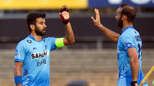 Indian hockey team player Ramandeep Singh (right) celebrates with skipper Manpreet Singh after scoring against Austria on Wednesday. (Hockey India) Indian hockey team player Ramandeep Singh (right) celebrates with skipper Manpreet Singh after scoring against Austria on Wednesday. (Hockey India)