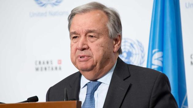 This July 7, 2017 file photo provided by United Nations shows Secretary General Antonio Guterres addressing a press conference closing peace talks in the Swiss resort of Crans-Montana. (AFP) This July 7, 2017 file photo provided by United Nations shows Secretary General Antonio Guterres addressing a press conference closing peace talks in the Swiss resort of Crans-Montana. (AFP)