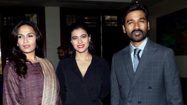 Kajol, Dhanush and director Soundarya during the promotion of VIP 2 in Mumbai . (PTI) Kajol, Dhanush and director Soundarya during the promotion of VIP 2 in Mumbai . (PTI)