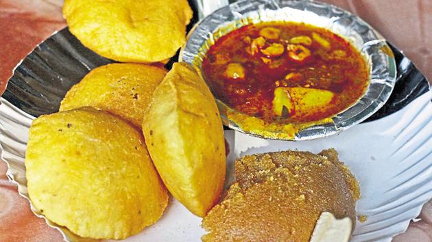 This combination of three dishes is the Sunday specialty of Arihant Sweets, a dreary-looking establishment in Daryaganj. (Mayank Austen Soofi / HT Photo) This combination of three dishes is the Sunday specialty of Arihant Sweets, a dreary-looking establishment in Daryaganj. (Mayank Austen Soofi / HT Photo)