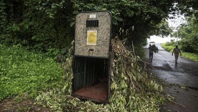 A trap cage that has been covered with leaves to camouflage it.(HT)