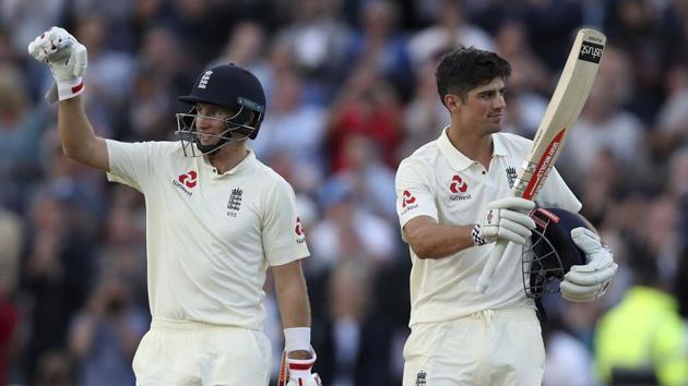 Joe Root (L) and Alastair Cook scored centuries for England on Day 1 of the 1st Test against West Indies at Edgbaston. (AP) Joe Root (L) and Alastair Cook scored centuries for England on Day 1 of the 1st Test against West Indies at Edgbaston. (AP)