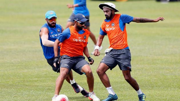 Virat Kohli, Ajinkya Rahane and KL Rahul play soccer as they eye continued success. (REUTERS) Virat Kohli, Ajinkya Rahane and KL Rahul play soccer as they eye continued success. (REUTERS)