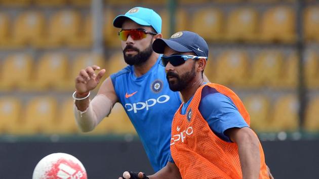 Indian cricketer Ajinkya Rahane (R) plays football with captain Virat Kohli. (AFP) Indian cricketer Ajinkya Rahane (R) plays football with captain Virat Kohli. (AFP)