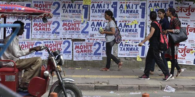Things have not improved this year too: Posters of various party candidates pasted on walls before the Delhi University Students Union elections (DUSU) last year. (Raj K Raj/HT PHOTO) Things have not improved this year too: Posters of various party candidates pasted on walls before the Delhi University Students Union elections (DUSU) last year. (Raj K Raj/HT PHOTO)