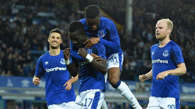 Everton's Senegalese midfielder Idrissa Gueye (2nd L) celebrates with teammates after scoring their second goal during the UEFA Europa League playoff round, first leg match against Hajduk Split, at Goodison Park in Liverpool on Thursday. (AFP) Everton's Senegalese midfielder Idrissa Gueye (2nd L) celebrates with teammates after scoring their second goal during the UEFA Europa League playoff round, first leg match against Hajduk Split, at Goodison Park in Liverpool on Thursday. (AFP)