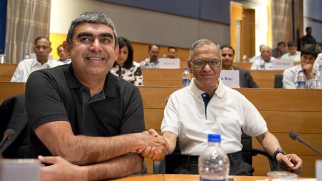 NR Narayana Murthy (Right) with Vishal Sikka (File Photo)(Aniruddha Chowdhury/Mint)