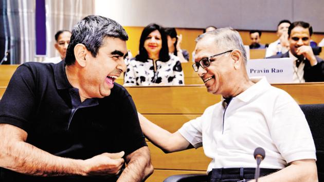 Infosys founder NR Narayana Murthy (L) and Vishal Sikka at an event in Bangalore. (Aniruddha Chowdhury/ Mint) Infosys founder NR Narayana Murthy (L) and Vishal Sikka at an event in Bangalore. (Aniruddha Chowdhury/ Mint)