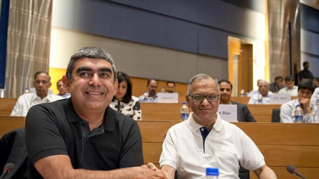 NR Narayana Murthy with Vishal Sikka in Bangalore.(Mint File Photo)