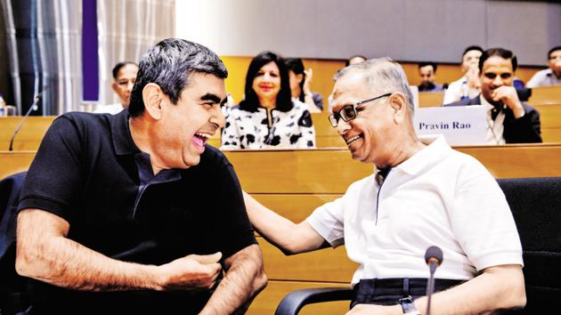 12 June 2014 Bangalore : NR Narayana Murthy congratulates the new CEO Vishal Sikka of Infosys Ltd, in Bangalore. Photo by Aniruddha Chowdhury/ Mint(Aniruddha Chowdhury/ Mint) 12 June 2014 Bangalore : NR Narayana Murthy congratulates the new CEO Vishal Sikka of Infosys Ltd, in Bangalore. Photo by Aniruddha Chowdhury/ Mint(Aniruddha Chowdhury/ Mint)