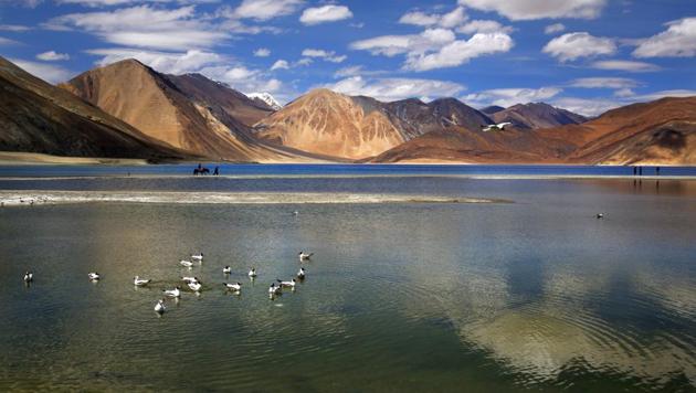 File photo of the Pangong lake in Ladakh, where a skirmish broke out between Indian and Chinese troops on August 15.(AP)