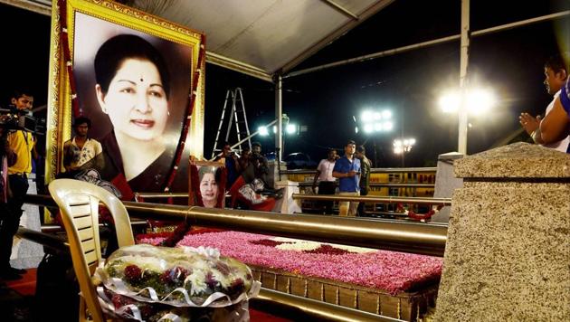 Two wreaths kept ready at the AIADMK supremo J Jayalaithaa's memorial site for when chief minister EK Palaniswami and AIADMK faction leader O Panneerselvam arrive to pay their respects. The arrangements led to speculation that a merger would be announced soon.(PTI Photo)