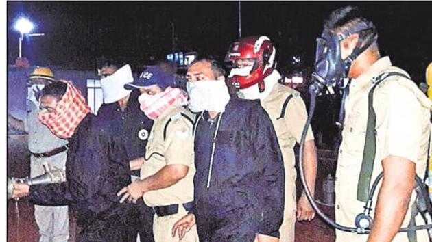 Police and rescue team at the accident site on Thursday night . (HT Photo) Police and rescue team at the accident site on Thursday night . (HT Photo)