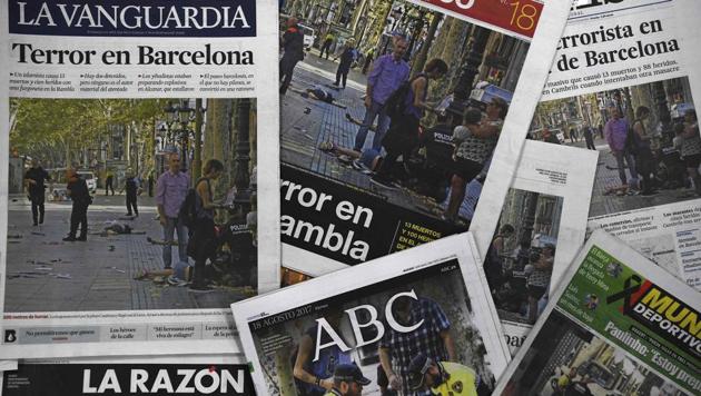 Front pages of Spanish national, regional and sports newspaper dedicated to the Barcelona attack. (AFP Photo) Front pages of Spanish national, regional and sports newspaper dedicated to the Barcelona attack. (AFP Photo)