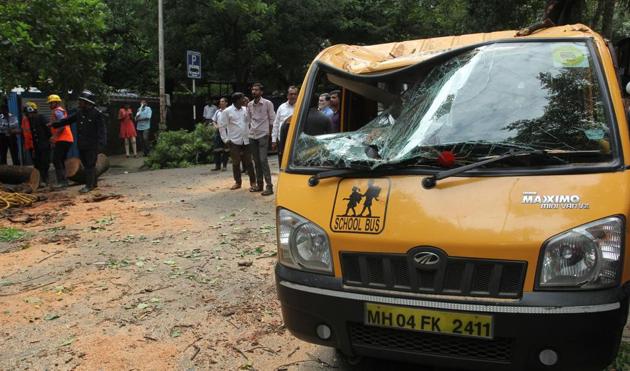 The school van on which the tree fell on Friday.(Praful Gangurde)