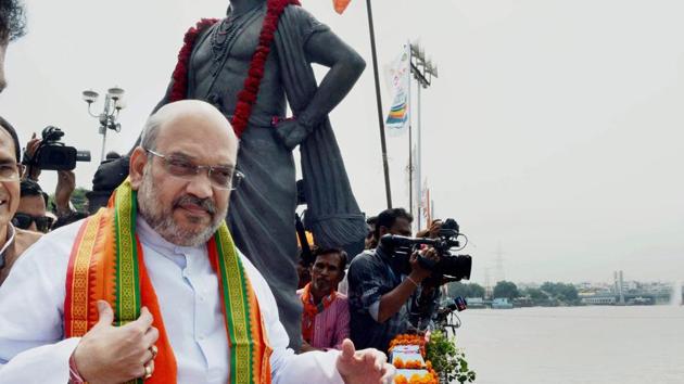 BJP national president Amit Shah at VIP Road after paying obeisance to Raja Bhoj, during his three-day visit to Bhopal on Friday. (PTI photo) BJP national president Amit Shah at VIP Road after paying obeisance to Raja Bhoj, during his three-day visit to Bhopal on Friday. (PTI photo)