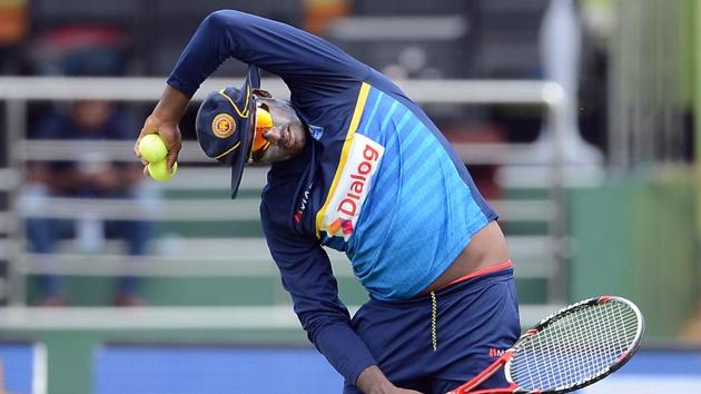 Angelo Mathews had a god with the tennis racquet during the session. (AFP) Angelo Mathews had a god with the tennis racquet during the session. (AFP)