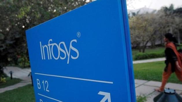 An employee walks past a signage board in the Infosys campus at the Electronics City IT district in Bangalore.(Reuters File Photo)