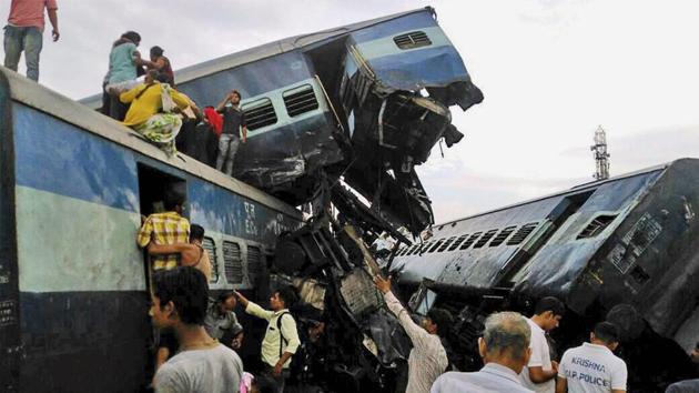 Coaches of the Puri-Haridwar Utkal Express train after it derailed in Khatauli near Muzaffarnagar on Saturday. (PTI Photo) Coaches of the Puri-Haridwar Utkal Express train after it derailed in Khatauli near Muzaffarnagar on Saturday. (PTI Photo)
