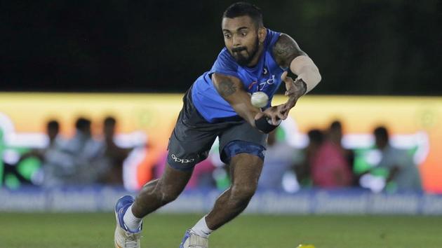 Lokesh Rahul fields a ball during a practice session under lights. (AP) Lokesh Rahul fields a ball during a practice session under lights. (AP)