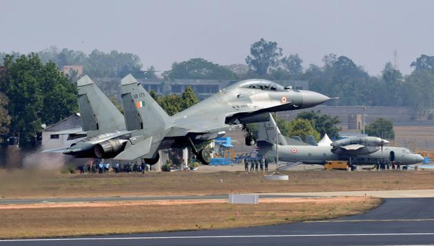 Indian Air Force's fighter aircraft Sukhoi takes off during the inauguration of the 11th biennial edition of Aero India 2017 at Yelahanka Air base in Bengaluru in February 2017. The largest defence importer, India is looking to invite companies to Make in India. (PTI File Photo) Indian Air Force's fighter aircraft Sukhoi takes off during the inauguration of the 11th biennial edition of Aero India 2017 at Yelahanka Air base in Bengaluru in February 2017. The largest defence importer, India is looking to invite companies to Make in India. (PTI File Photo)