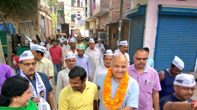 Delhi deputy chief minister Manish Sisodia campaigns in Bawana on August 20. Delhi deputy chief minister Manish Sisodia campaigns in Bawana on August 20.