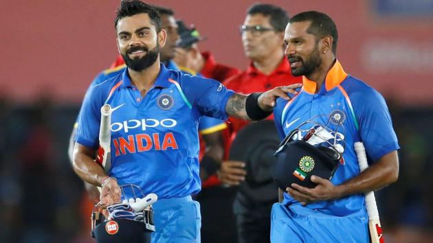 India captain Virat Kohli and Shikhar Dhawan after the team’s win over Sri Lanka in the first ODI in Dambulla. (REUTERS) India captain Virat Kohli and Shikhar Dhawan after the team’s win over Sri Lanka in the first ODI in Dambulla. (REUTERS)