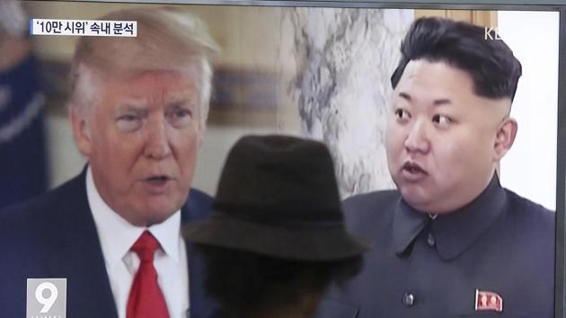 In this Aug. 10, 2017, file photo, a man watches a television screen showing US President Donald Trump, left, and North Korean leader Kim Jong Un during a news program at the Seoul Railway Station in Seoul, South Korea. (AP) In this Aug. 10, 2017, file photo, a man watches a television screen showing US President Donald Trump, left, and North Korean leader Kim Jong Un during a news program at the Seoul Railway Station in Seoul, South Korea. (AP)