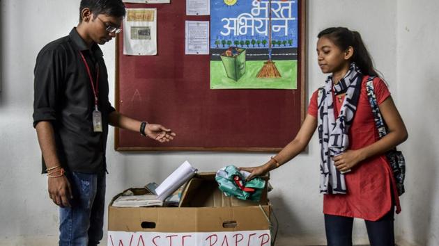 The campus launched a paper recycling project five years ago and every week students save 10kg paper waste. (Kunal Patil/HT Photo) The campus launched a paper recycling project five years ago and every week students save 10kg paper waste. (Kunal Patil/HT Photo)