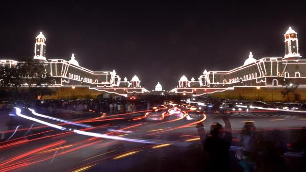 Illuminated Raisina Hill on the occasion of 71st Independence Day celebrations in New Delhi on Tuesday. (Ravi Choudhary/HT PHOTO)