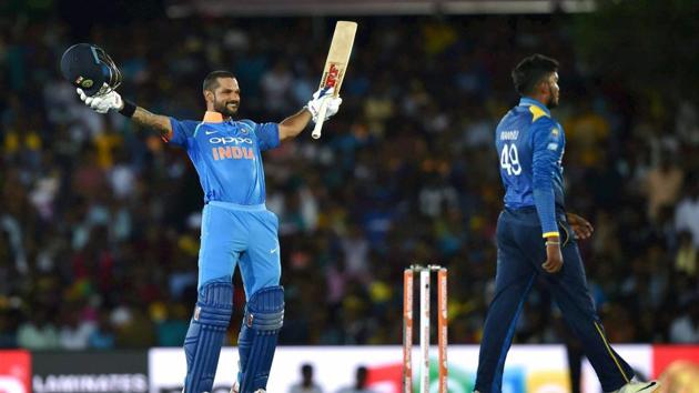 Shikhar Dhawan celebrates his century during the first ODI match against Sri Lanka. (PTI) Shikhar Dhawan celebrates his century during the first ODI match against Sri Lanka. (PTI)