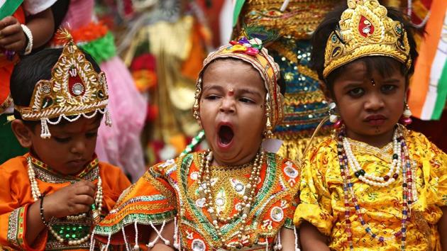 School children dressed as Hindu Lord Krishna, wait to perform during the celebrations ahead of the Janmashtami festival, which marks the birth anniversary of Lord Krishna in Ajmer. (Himanshu Sharma/REUTERS)