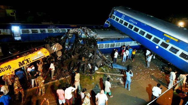 Coaches of the Puri-Haridwar Utkal Express train lay stacked up after it the train derailed in Khatauli near Muzaffarnagar on Saturday.(PTI Photo)