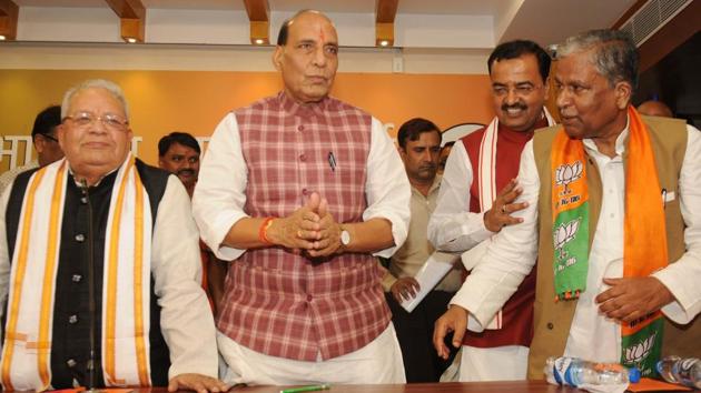 Samajwadi Party’s former minister Ashok Bajpai (L) joined BJP in the presence of Union home minister Rajnath Singh, BJP state president KP Maurya and cabinet minister Sri Kalraj Mishra in Lucknow on Saturday. (Subhankar Chakraborty/HT photo) Samajwadi Party’s former minister Ashok Bajpai (L) joined BJP in the presence of Union home minister Rajnath Singh, BJP state president KP Maurya and cabinet minister Sri Kalraj Mishra in Lucknow on Saturday. (Subhankar Chakraborty/HT photo)